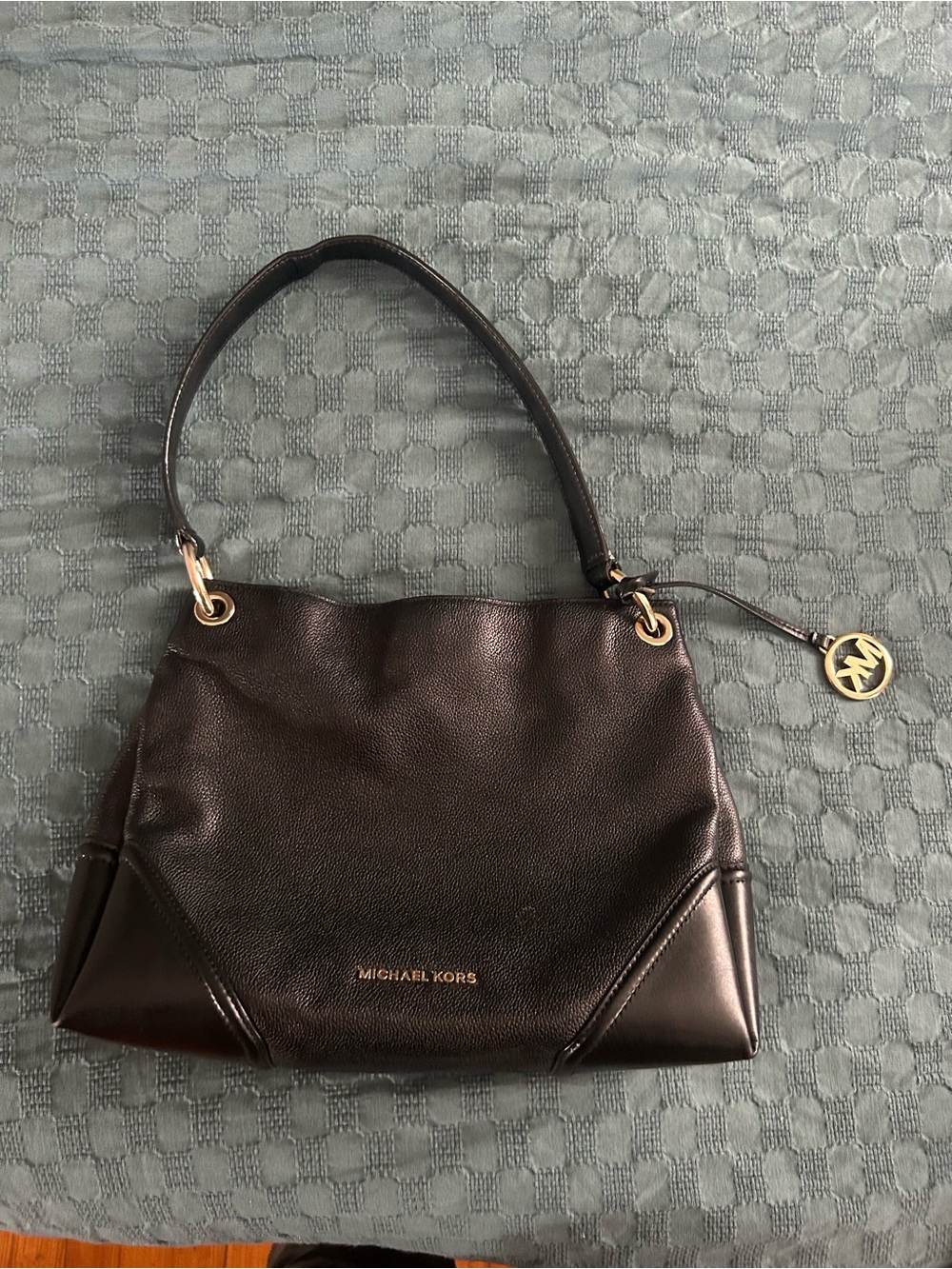 Michael Kors Black Leather Shoulder Tote with Gold Accent
